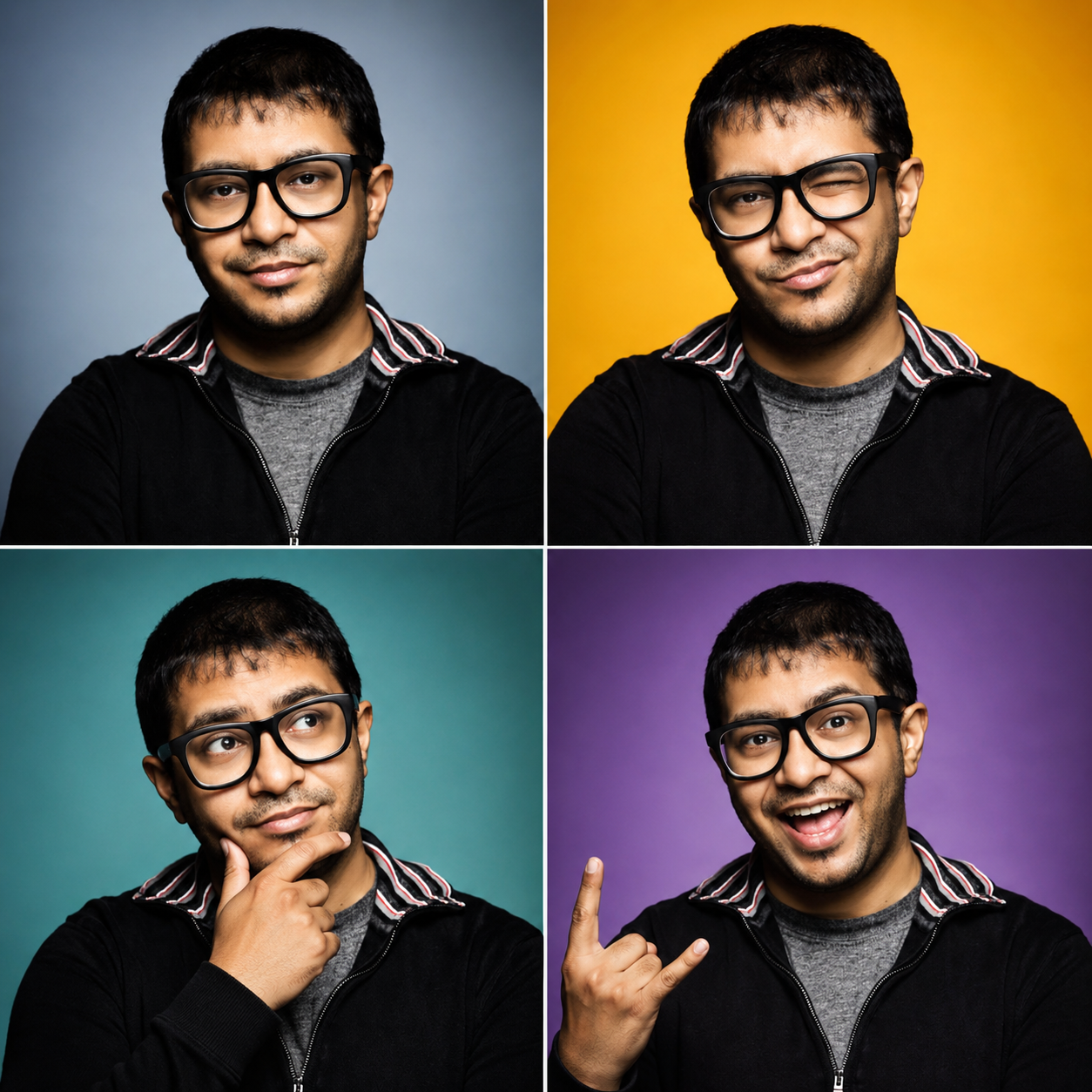 A four-panel portrait grid of Taposh Dutta Roy with different expressions on slate, amber, teal, and violet backgrounds